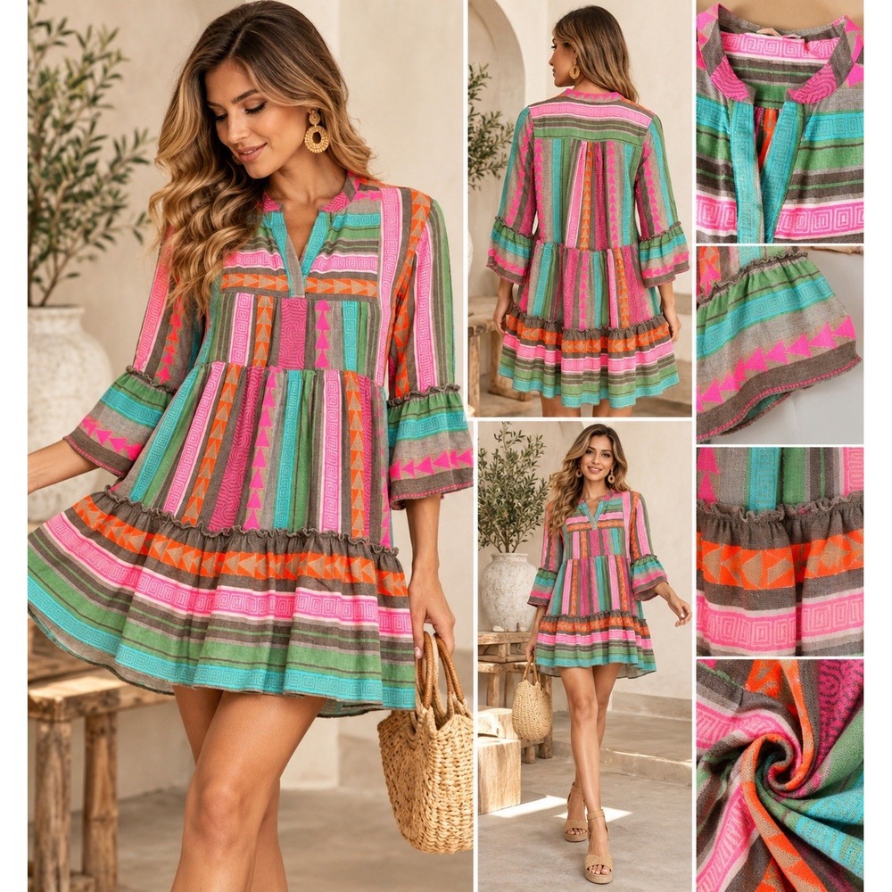 Elan Women's L Split Neck 3/4 Sleeve Tunic Shift Dress Size Small(8-b39)
